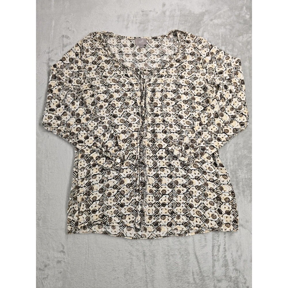 J.Jill Size M Top Multi Lounge Abstract Rayon Comfy Tie Neck Long Sleeves